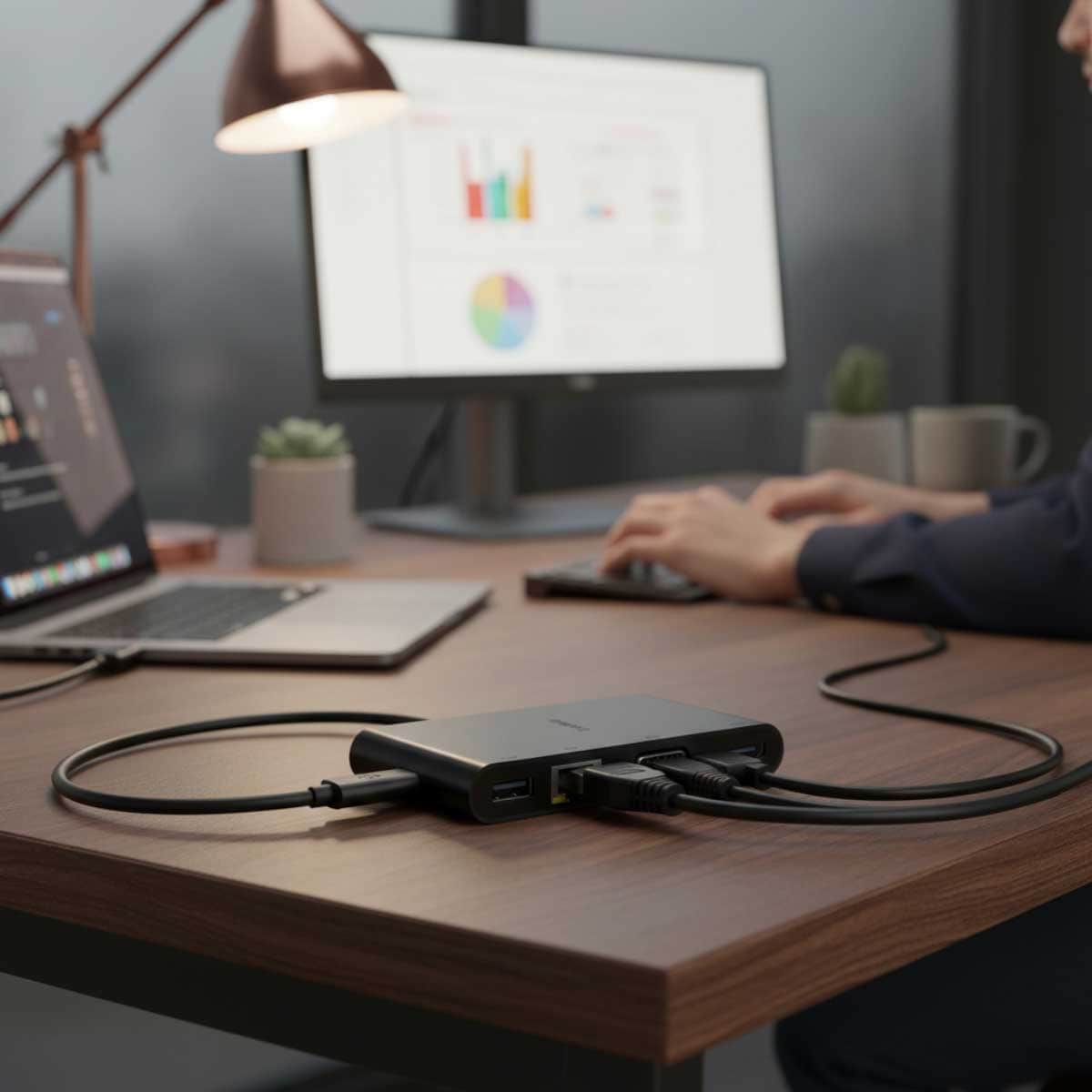 بيلكن محول متعدد المنافذ 4 في 1 USB-C إلى إيثرنت وHDMI وVGA وUSB-A باللون الأسود