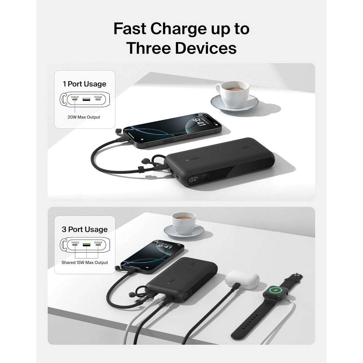 بيلكن باور بانك بوست تشارج أسود بسعة 20000mAh مع شاشة رقمية