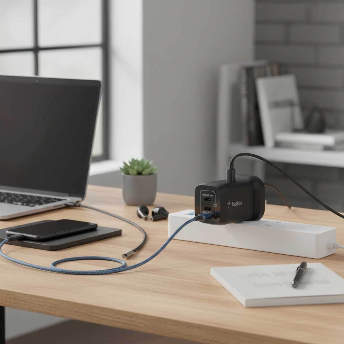 بيلكن أسود GaN PPS 65W شاحن حائط USB-C مزدوج المنافذ