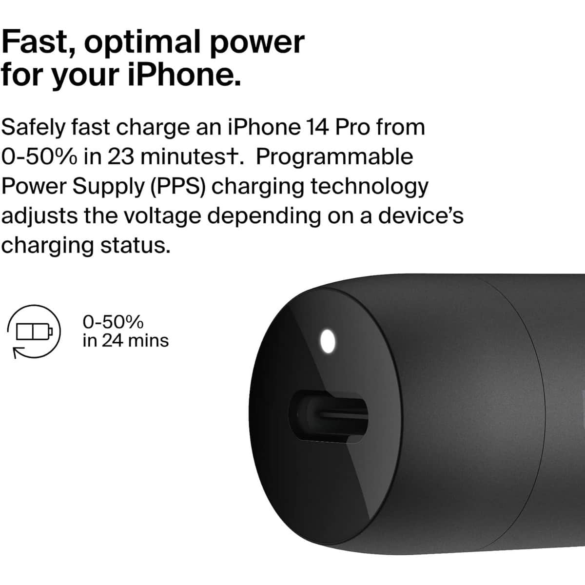 بيلكن أزرق PPS PD 30W شاحن سيارة USB-C مع طقم كابل PVC Lightning بطول 1 متر