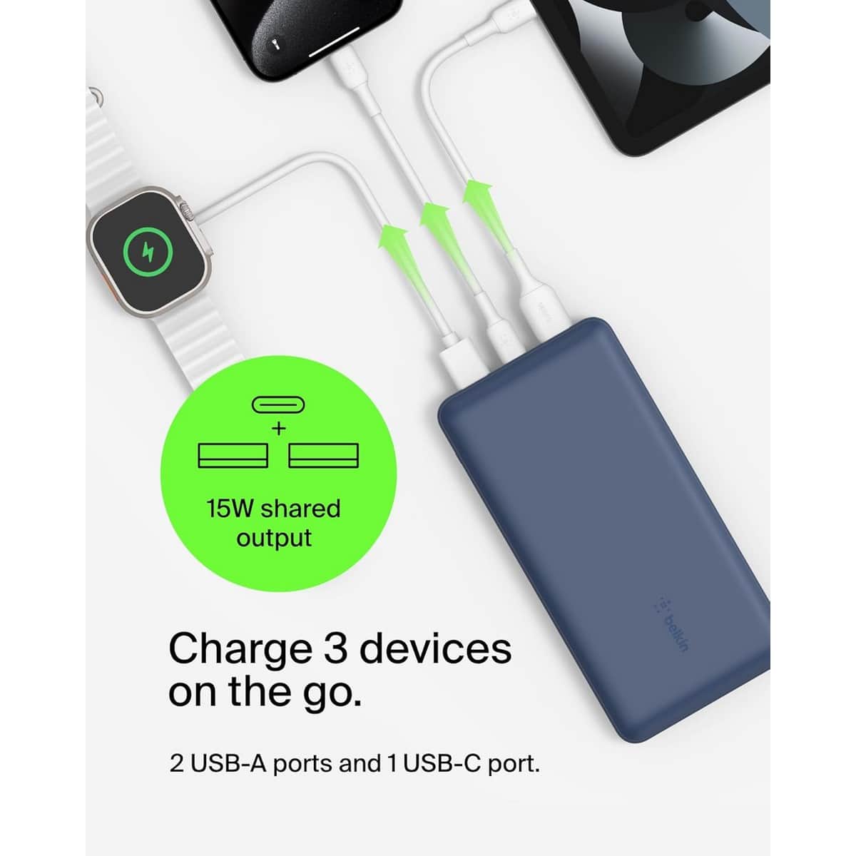 بيلكن باور بانك 20000mAh بقدرة 15 واط مع طقم كابل USB-A إلى USB-C