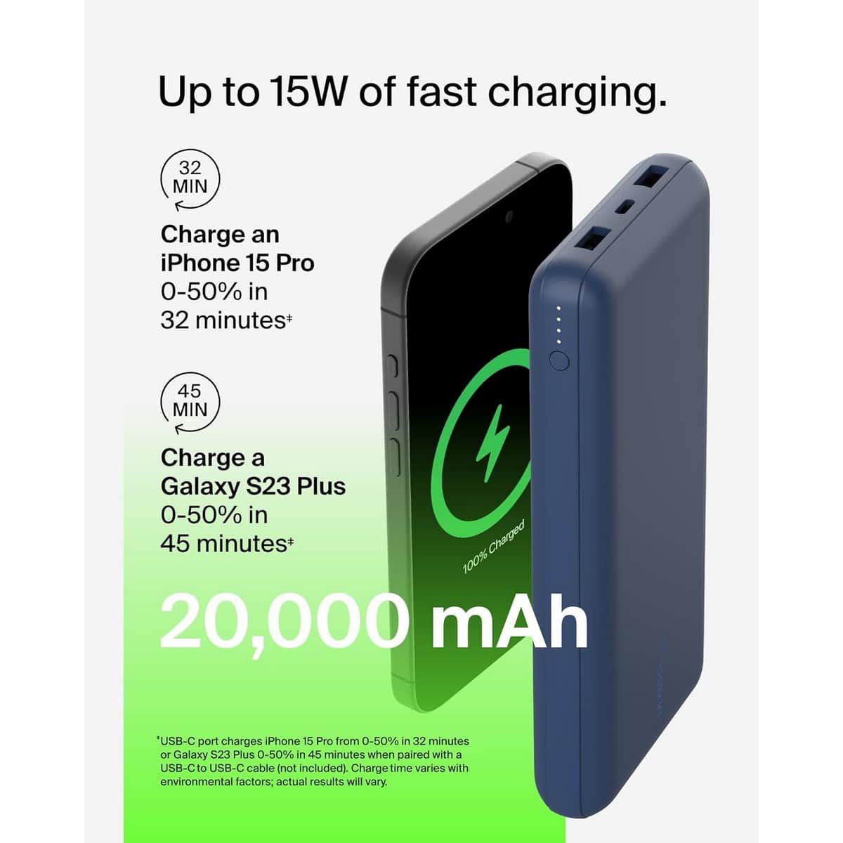 بيلكن باور بانك 20000mAh بقدرة 15 واط مع طقم كابل USB-A إلى USB-C