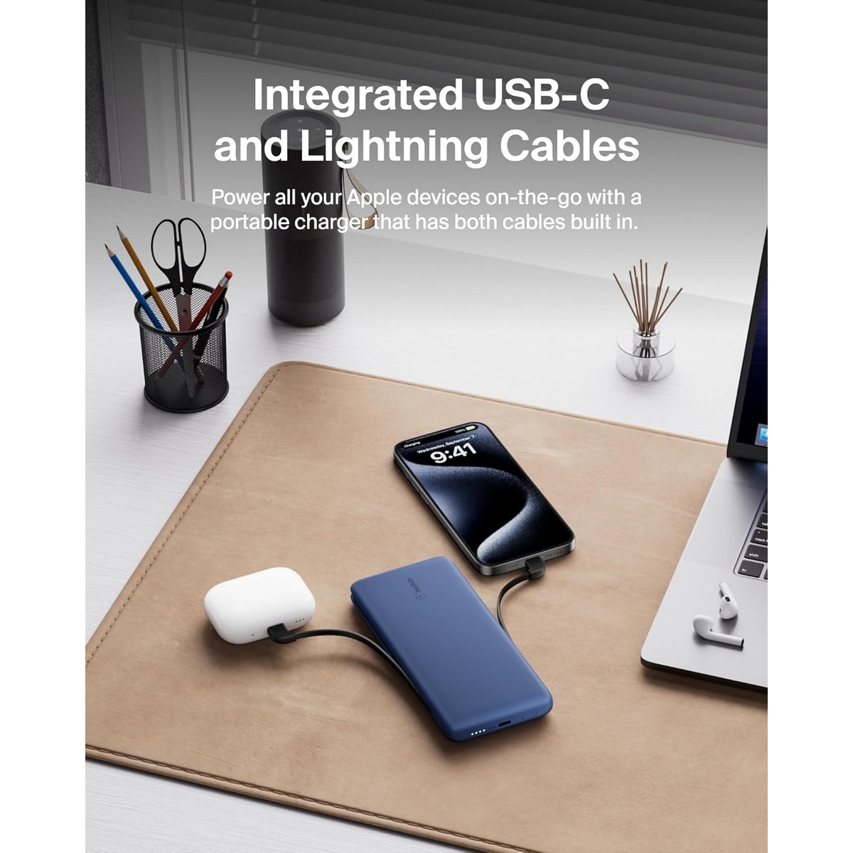 بيلكن باور بانك بوست تشارج PD بسعة 10000mAh بقدرة 18 واط مع كابلات USB-C ولايتنينج مدمجة