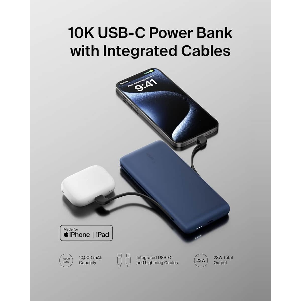 Belkin Boost Charge PD 10000mAh 18W Built-In USB-C & Lightning Cables Power Bank