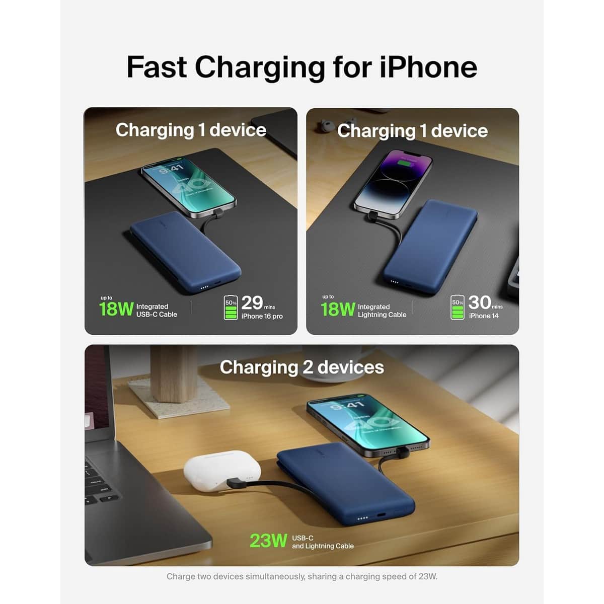 Belkin Boost Charge PD 10000mAh 18W Built-In USB-C & Lightning Cables Power Bank