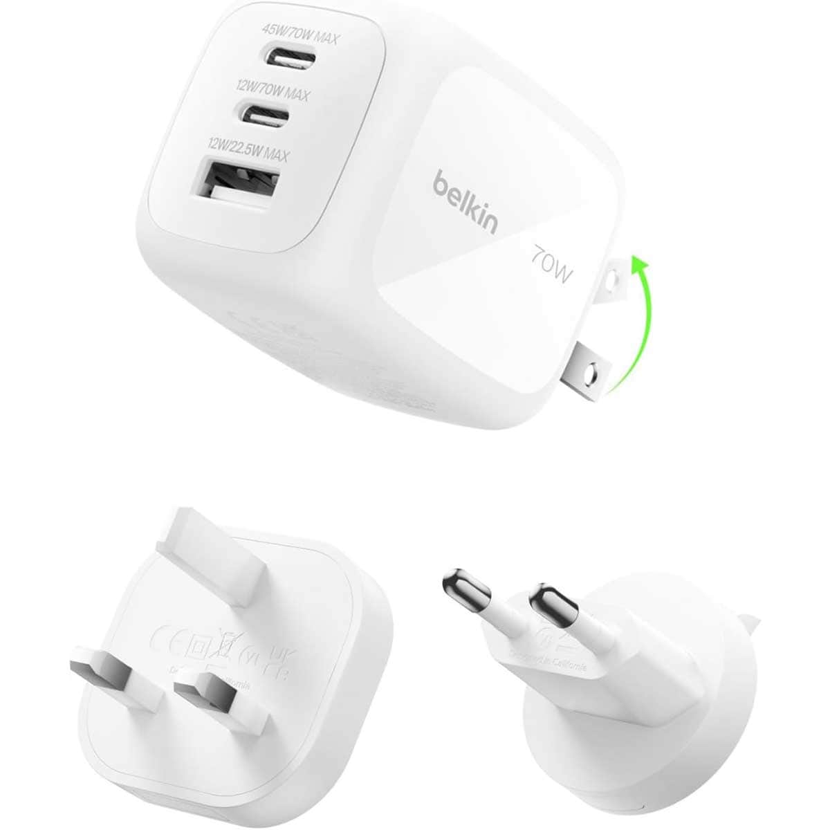 مجموعة شاحن حائط Belkin BoostCharge Pro GaN بقوة 70 واط بثلاثة منافذ