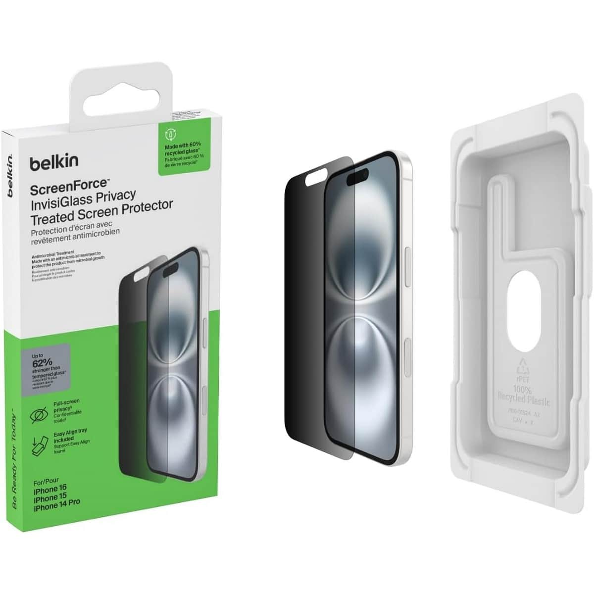 Belkin Clear Recycled Privacy Glass Screen Protector with EZ Tray for iPhone 16, 15 & 14 Pro