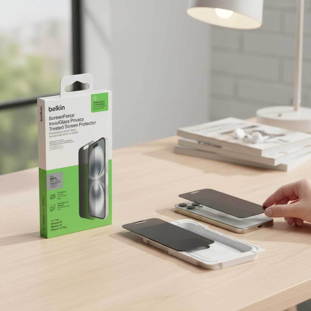 Belkin Clear Recycled Privacy Glass Screen Protector with EZ Tray for iPhone 16, 15 & 14 Pro