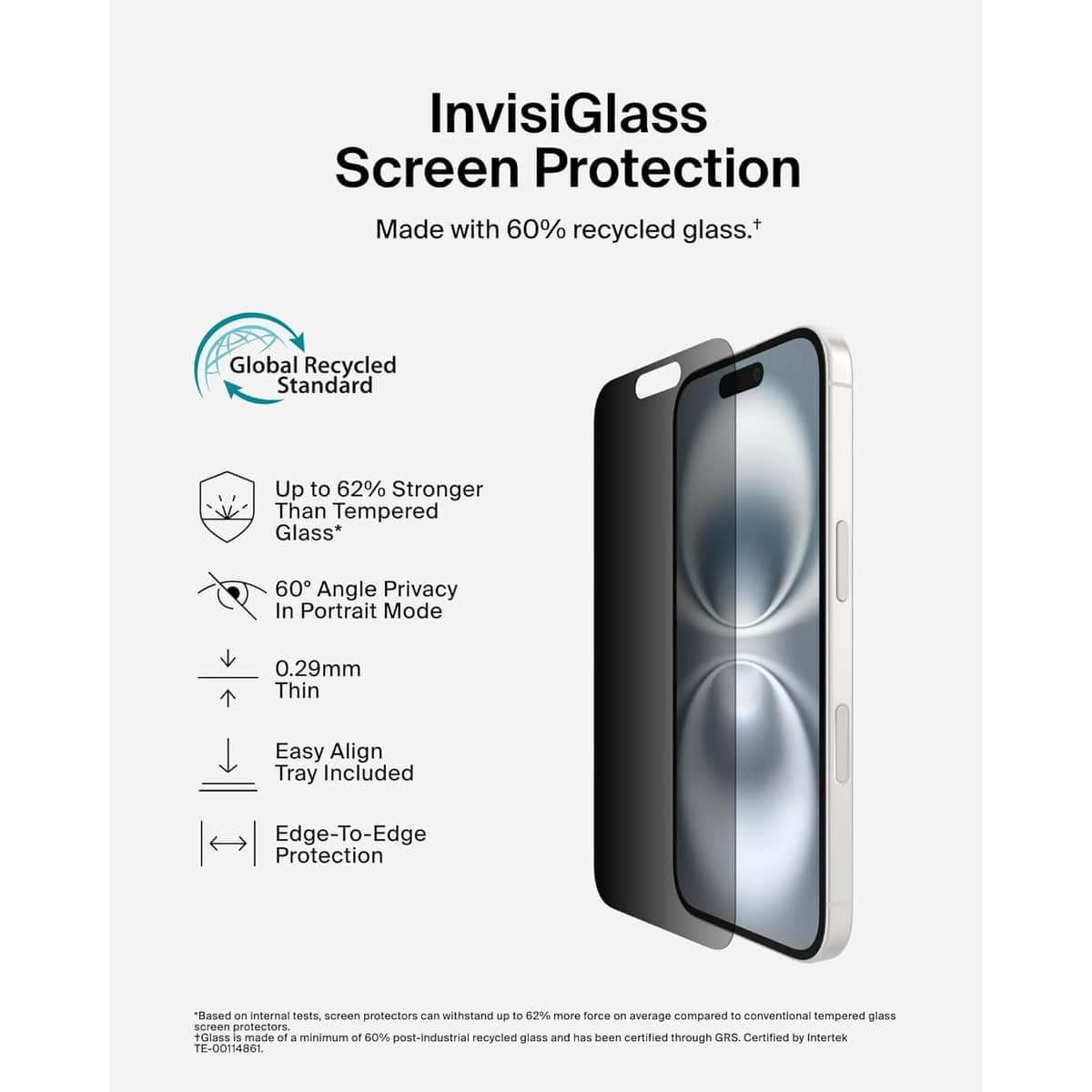 Belkin Clear Recycled Privacy Glass Screen Protector with EZ Tray for iPhone 16, 15 & 14 Pro