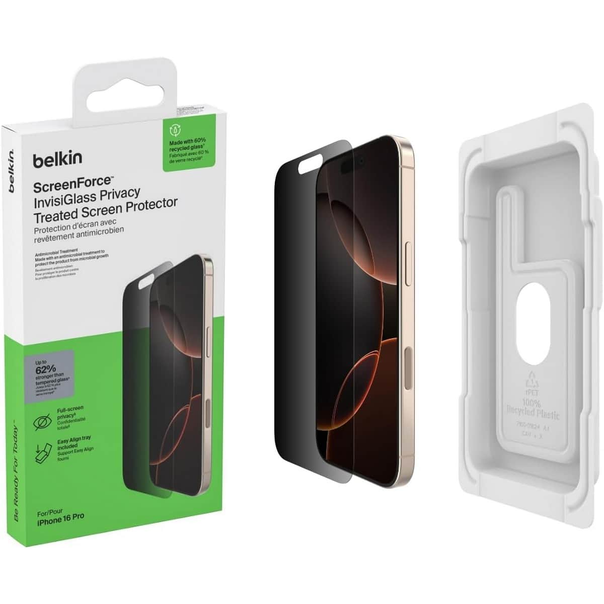 Belkin Clear Recycled Privacy Glass Screen Protector with EZ Tray for iPhone 16 Pro