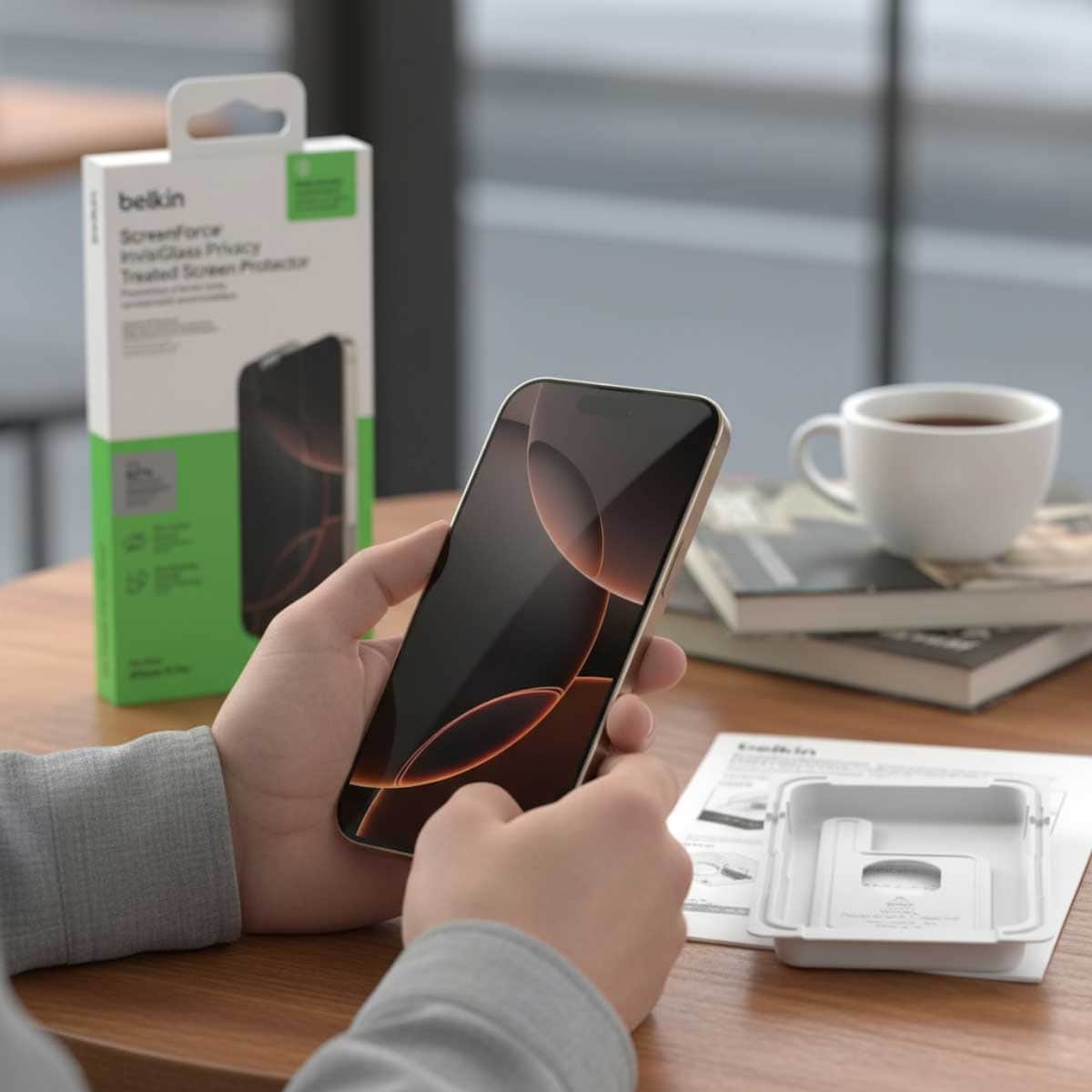 Belkin Clear Recycled Privacy Glass Screen Protector with EZ Tray for iPhone 16 Pro