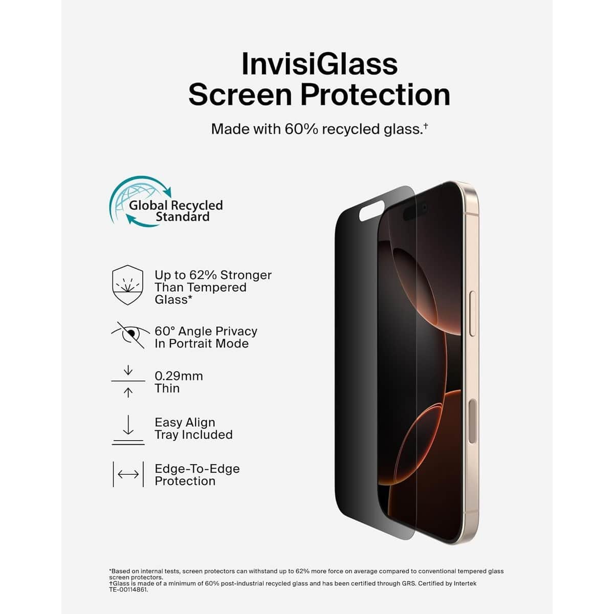 Belkin Clear Recycled Privacy Glass Screen Protector with EZ Tray for iPhone 16 Pro