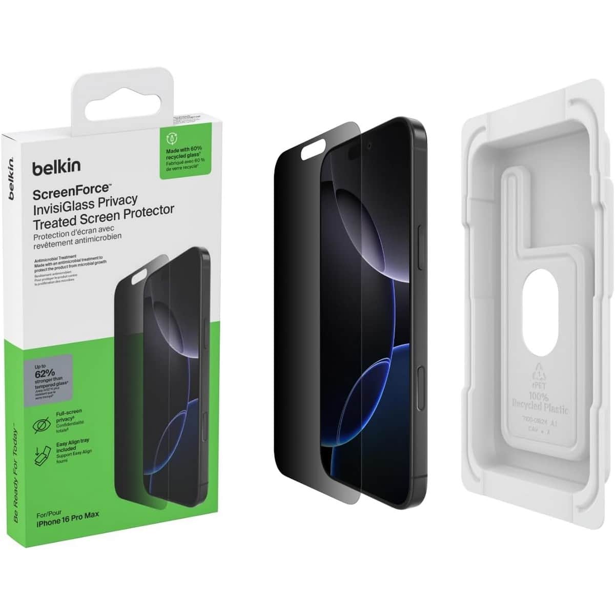 Belkin Clear Recycled Privacy Glass Screen Protector with EZ Tray for iPhone 16 Pro Max