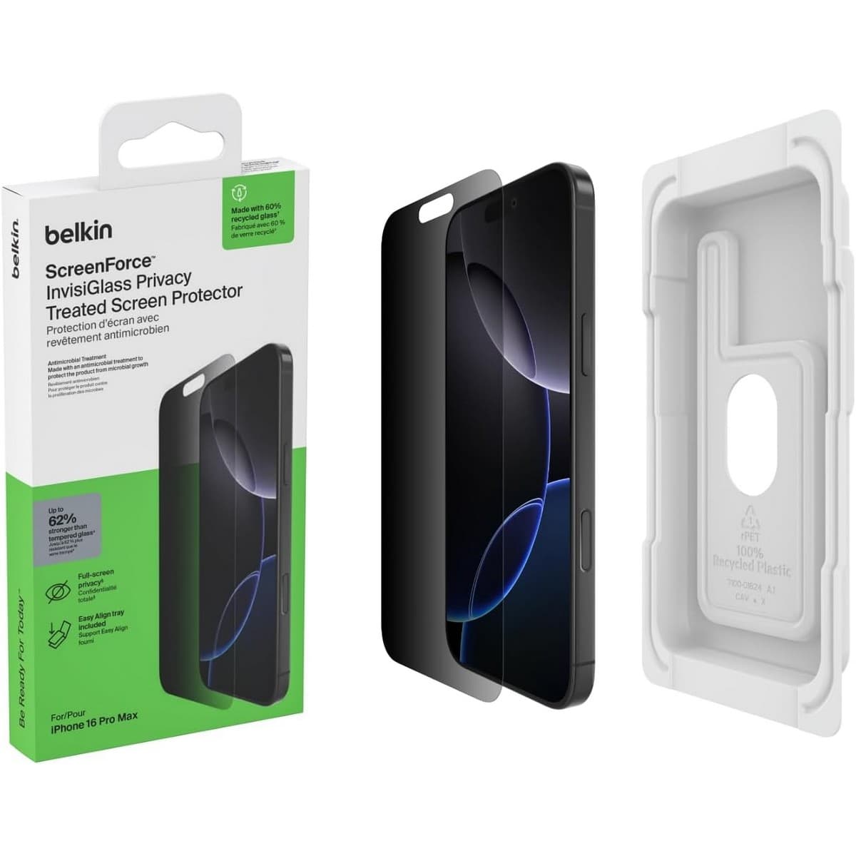 Belkin Clear Recycled Privacy Glass Screen Protector with EZ Tray for iPhone 16 Pro Max