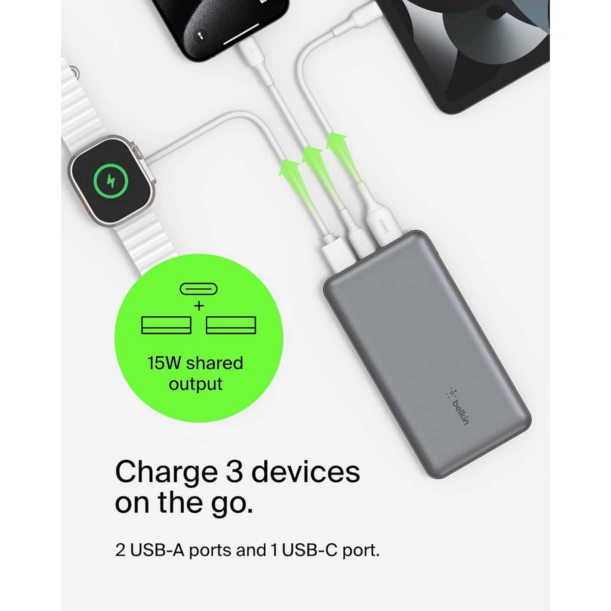 بيلكن باور بانك بوست تشارج بسعة 10000mAh مع 3 منافذ وطقم كابل USB-A إلى USB-C