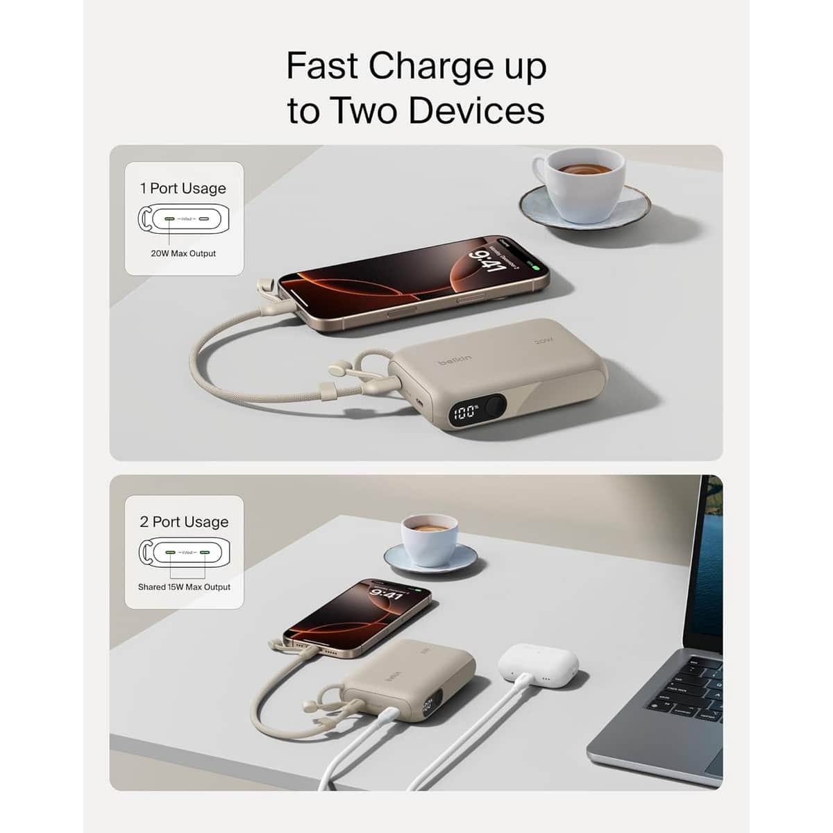 بيلكن باور بانك بوست تشارج PD بقدرة 20 واط وسعة 10000mAh مع شاشة رقمية وطقم كابل USB-C