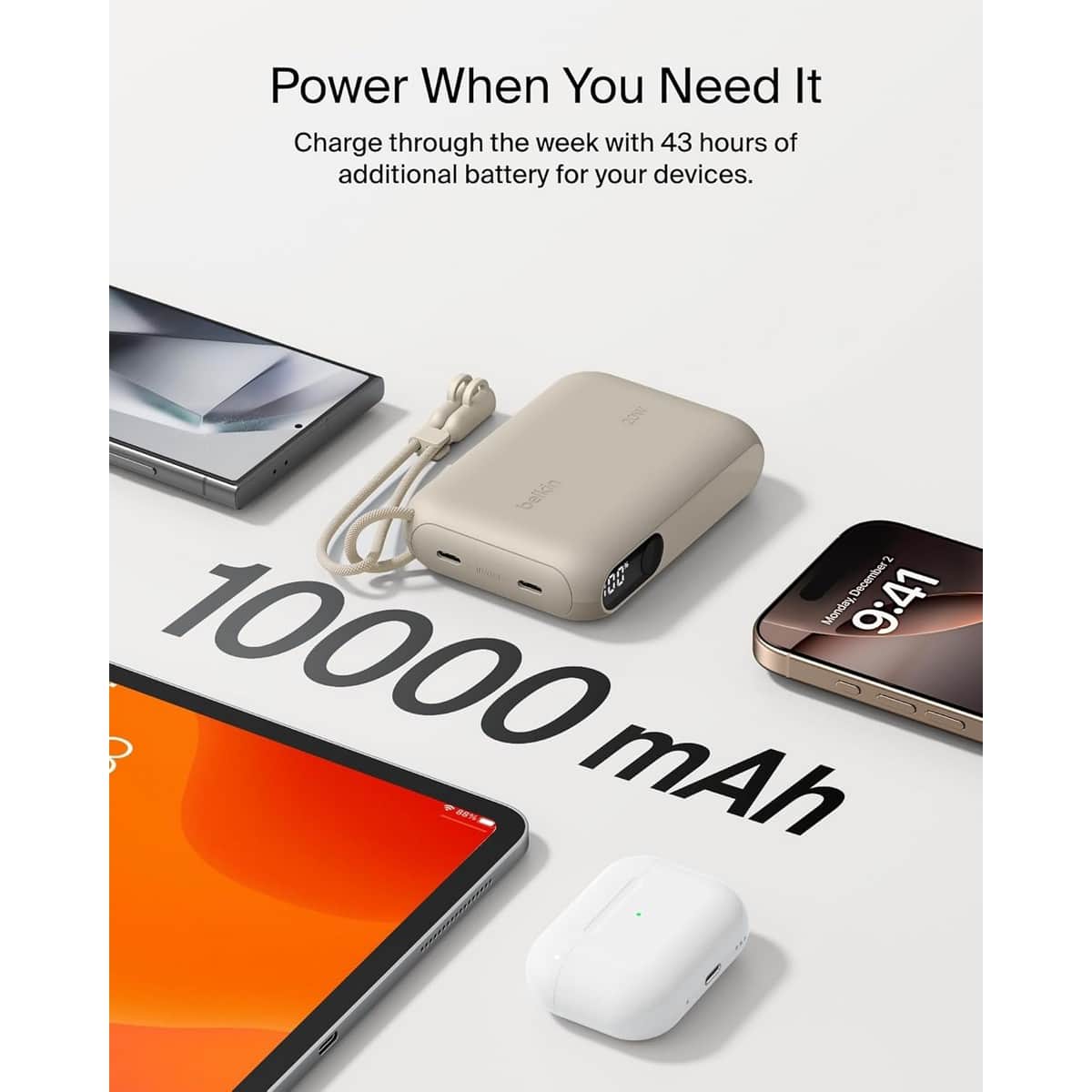 بيلكن باور بانك بوست تشارج PD بقدرة 20 واط وسعة 10000mAh مع شاشة رقمية وطقم كابل USB-C