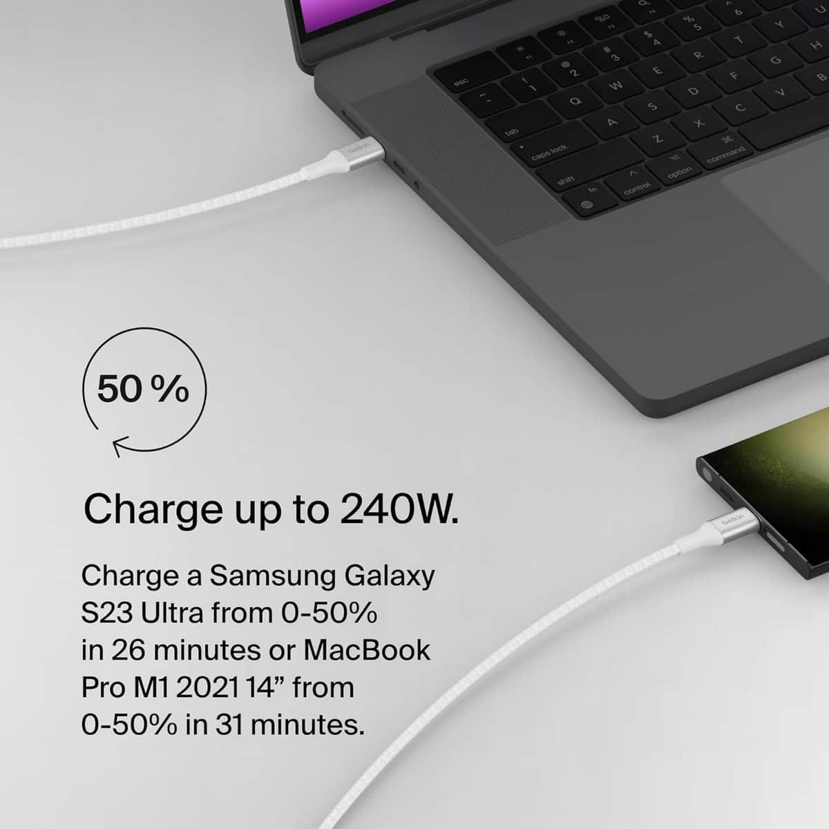 بيلكن كابل بوست تشارج مضفر USB-C إلى USB-C بقدرة 240 واط PD