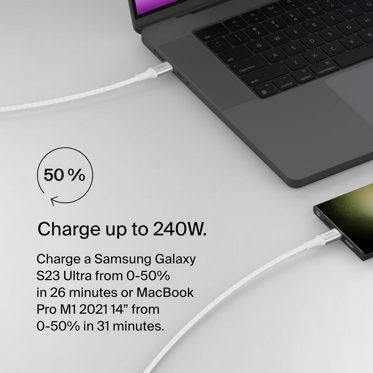 بيلكن كابل بوست تشارج مضفر USB-C إلى USB-C بقدرة 240 واط PD
