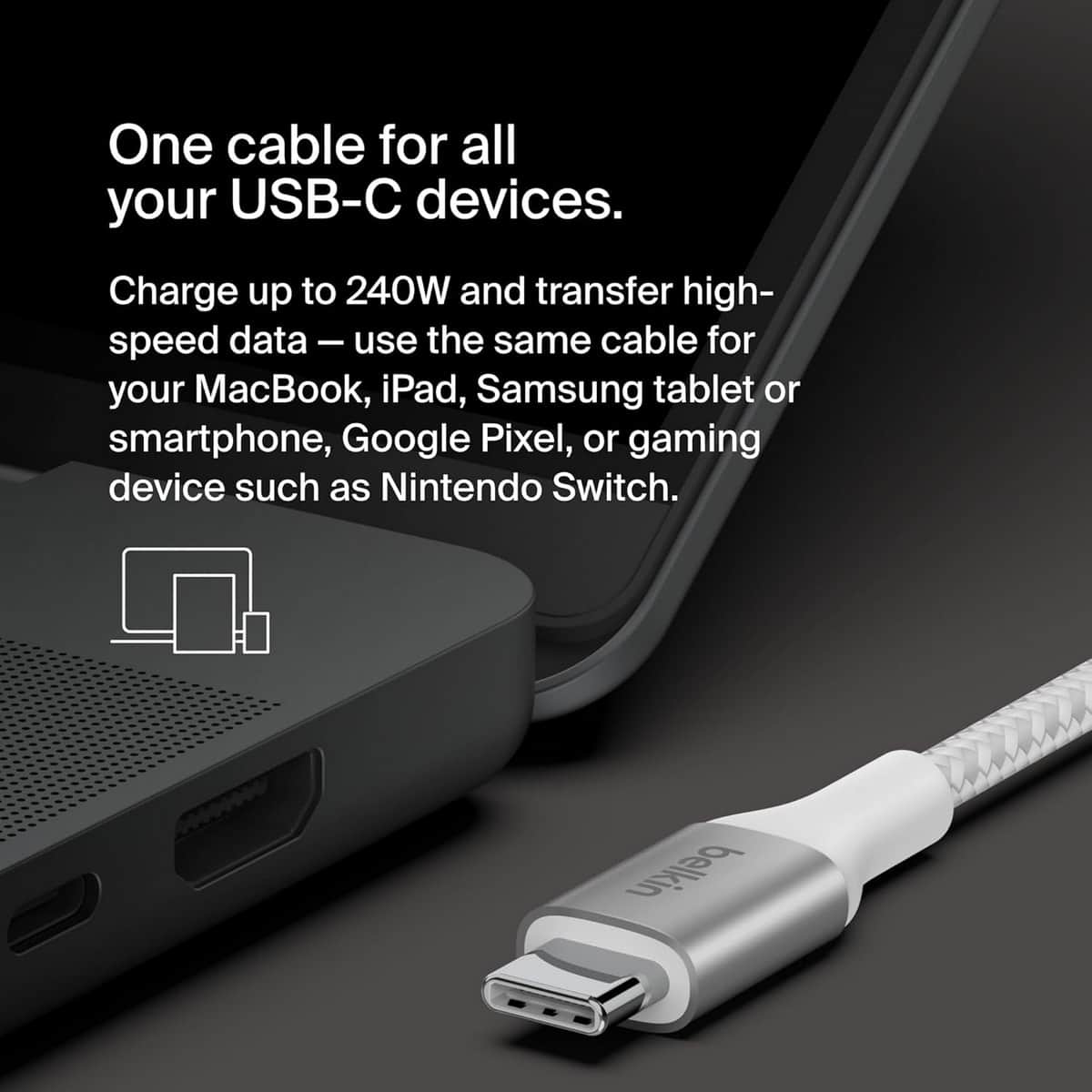 بيلكن كابل بوست تشارج مضفر USB-C إلى USB-C بقدرة 240 واط PD