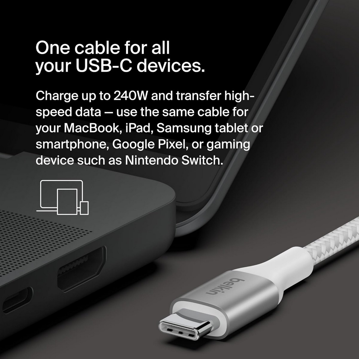 بيلكن كابل بوست تشارج مضفر USB-C إلى USB-C بقدرة 240 واط PD