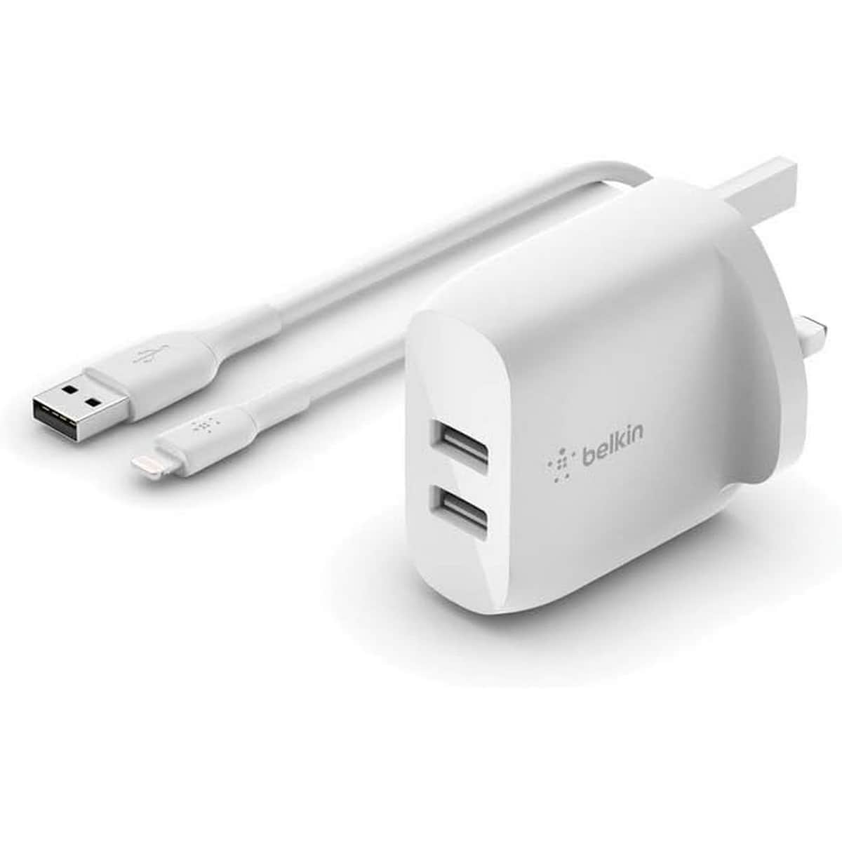 بيلكن أبيض بوست تشارج شاحن حائط USB-A مزدوج المنافذ بقدرة 24 واط مع طقم كابل Lightning بطول 1 متر