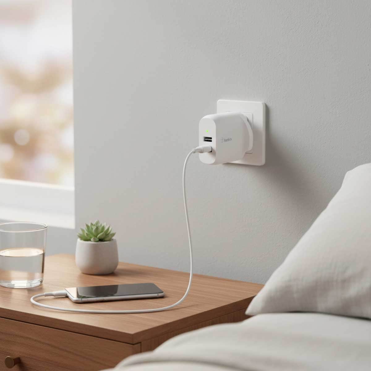 بيلكن أبيض بوست تشارج شاحن حائط USB-A مزدوج المنافذ بقدرة 24 واط مع طقم كابل Lightning بطول 1 متر