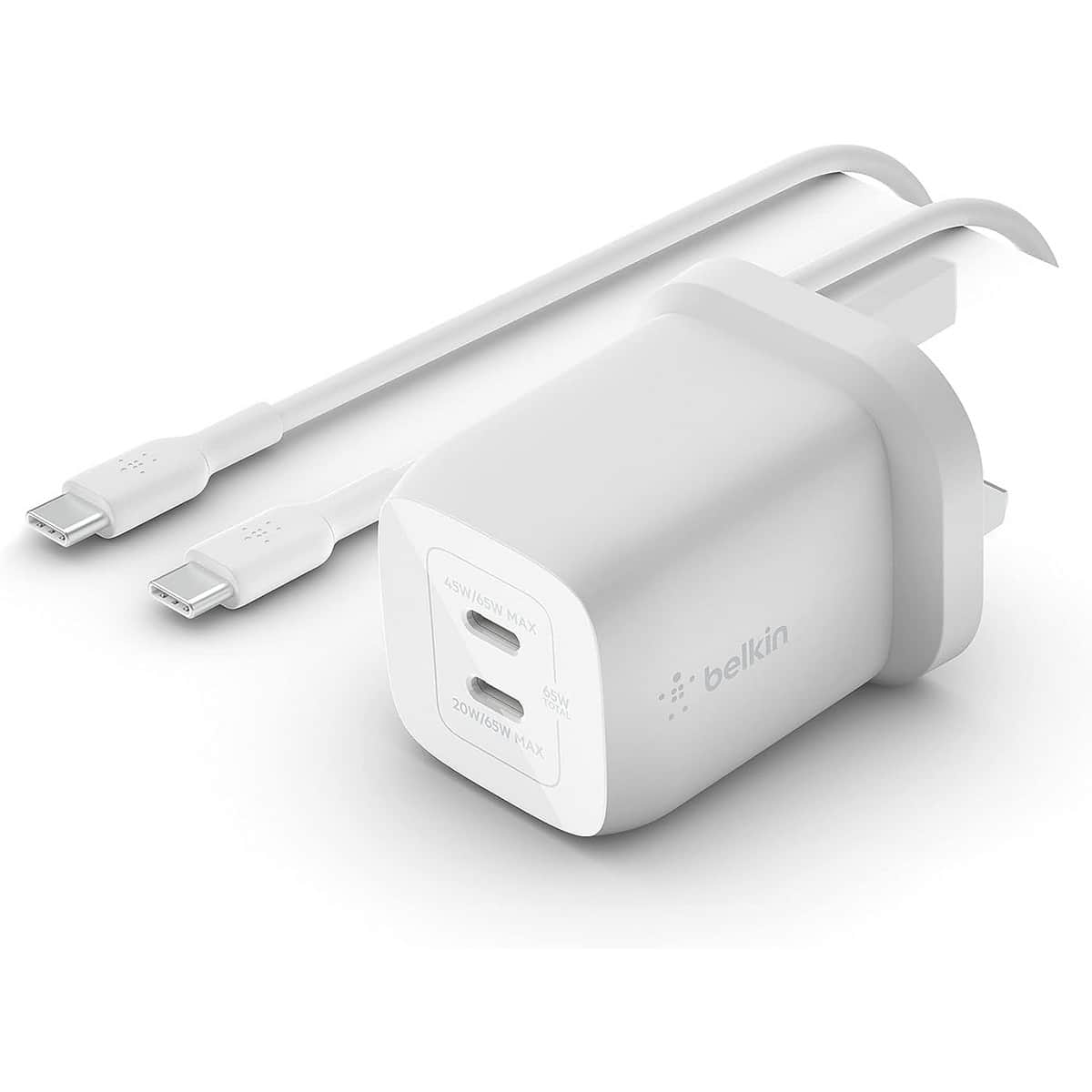 Belkin White Boost Charge GaN 65W 2-Port USB-C Wall Charger & 2m 5A USB-C to USB-C Cable Set