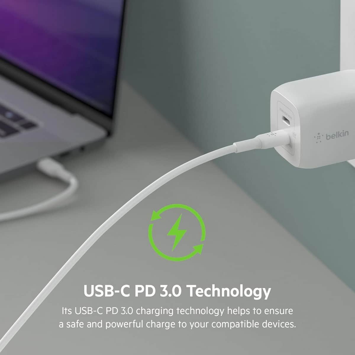 Belkin White Boost Charge GaN 65W 2-Port USB-C Wall Charger & 2m 5A USB-C to USB-C Cable Set