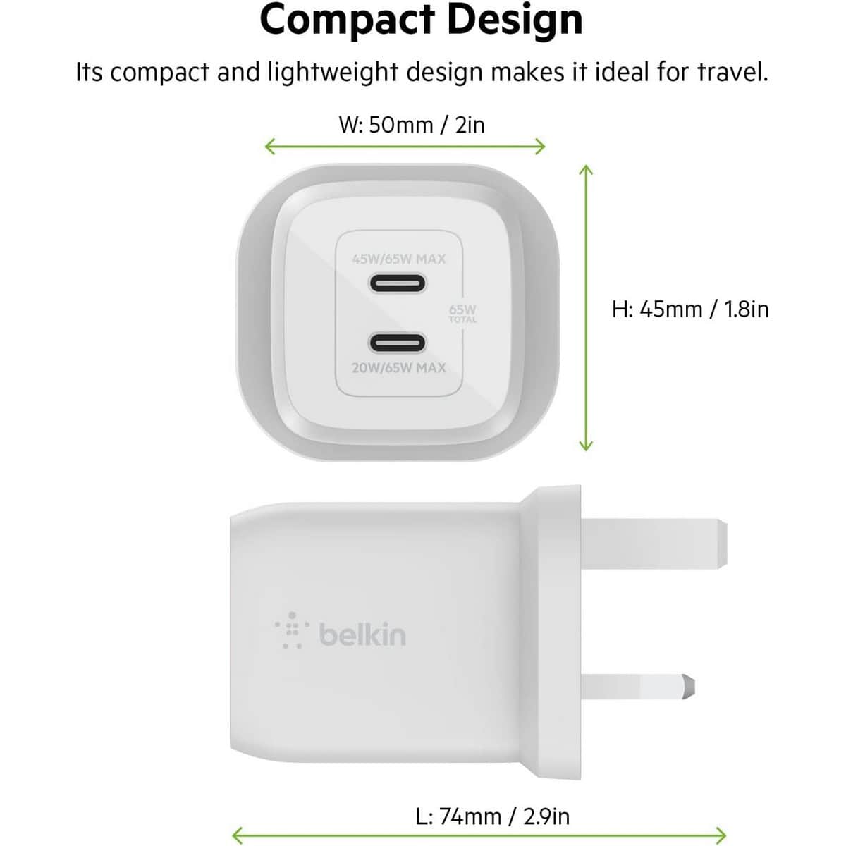Belkin White Boost Charge GaN 65W 2-Port USB-C Wall Charger & 2m 5A USB-C to USB-C Cable Set