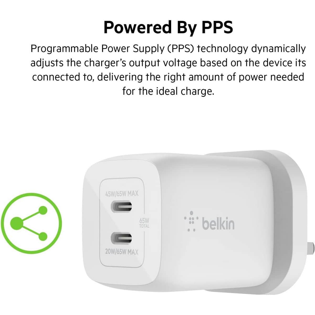 Belkin White Boost Charge GaN 65W 2-Port USB-C Wall Charger & 2m 5A USB-C to USB-C Cable Set