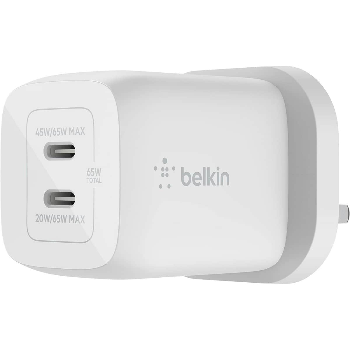 Belkin White Boost Charge GaN 65W 2-Port USB-C Wall Charger & 2m 5A USB-C to USB-C Cable Set