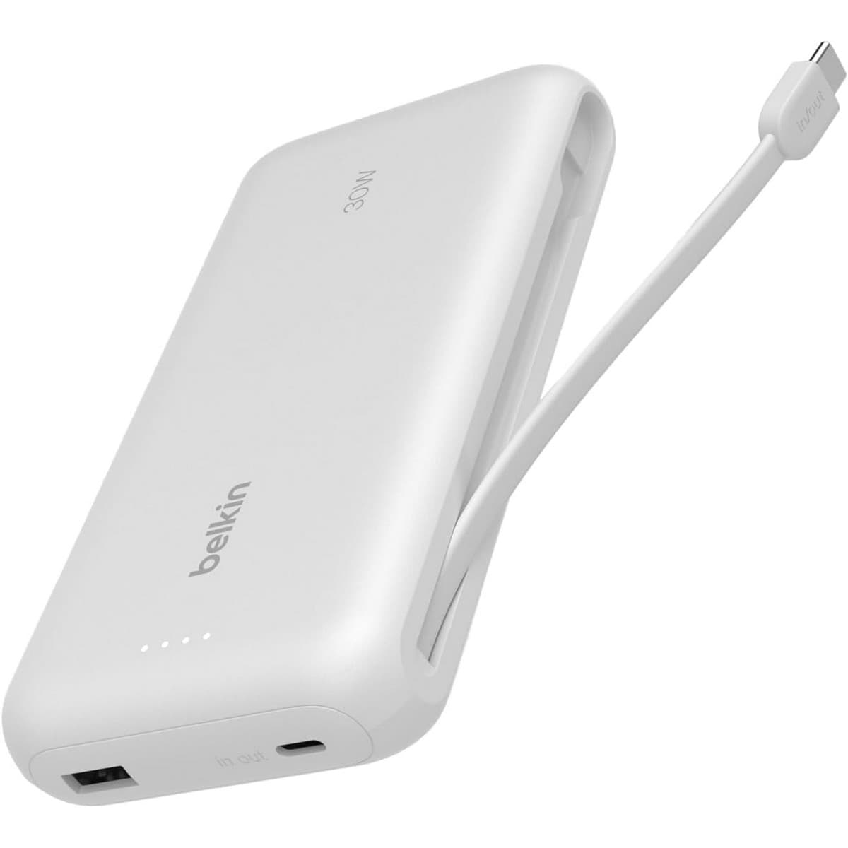 بيلكن باور بانك بوست تشارج PD أبيض بقدرة 30 واط وسعة 20000mAh مع كابل USB-C مدمج
