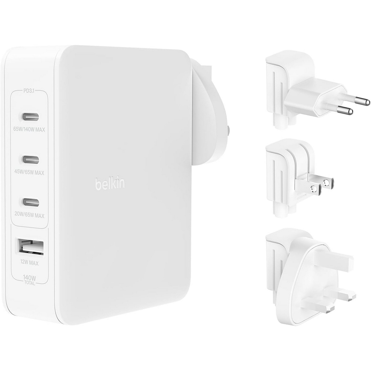 بيلكن أبيض بوست تشارج برو GaN شاحن حائط USB-C بـ 4 منافذ بقدرة 140 واط