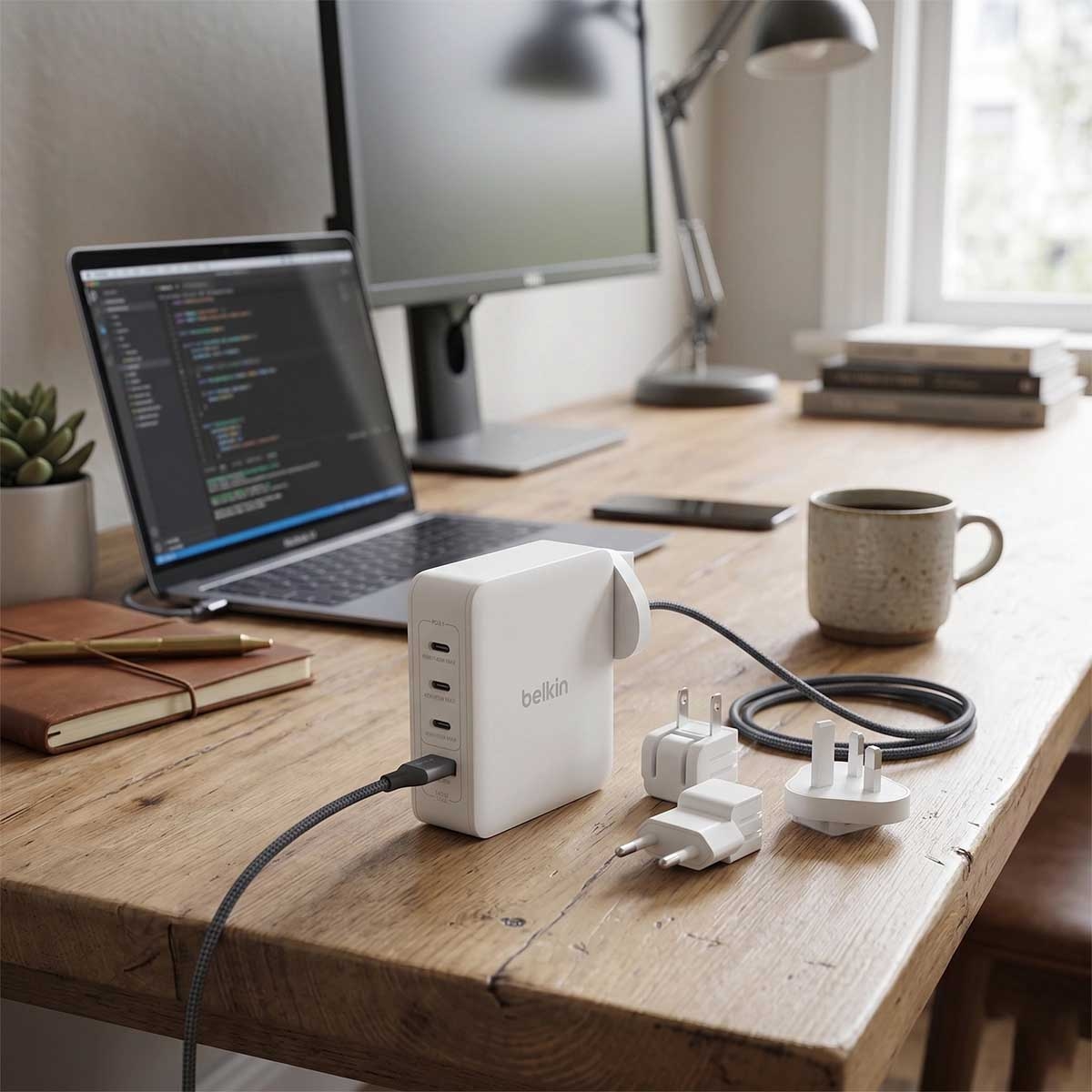 بيلكن أبيض بوست تشارج برو GaN شاحن حائط USB-C بـ 4 منافذ بقدرة 140 واط