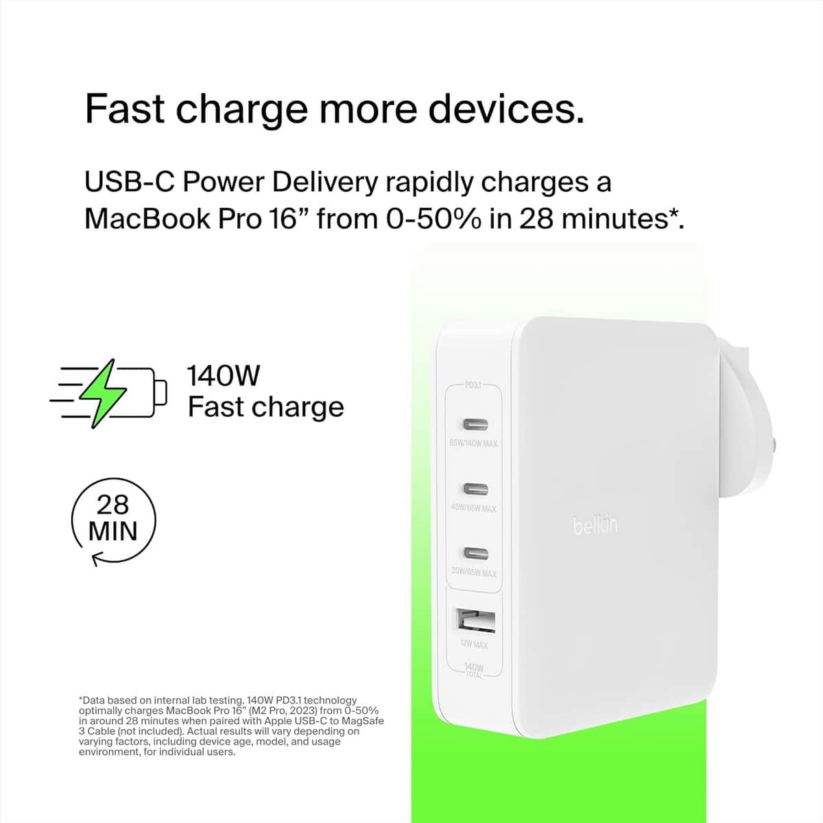 بيلكن أبيض بوست تشارج برو GaN شاحن حائط USB-C بـ 4 منافذ بقدرة 140 واط