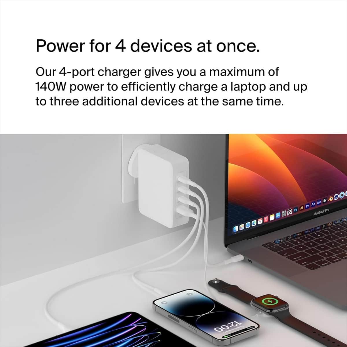 بيلكن أبيض بوست تشارج برو GaN شاحن حائط USB-C بـ 4 منافذ بقدرة 140 واط