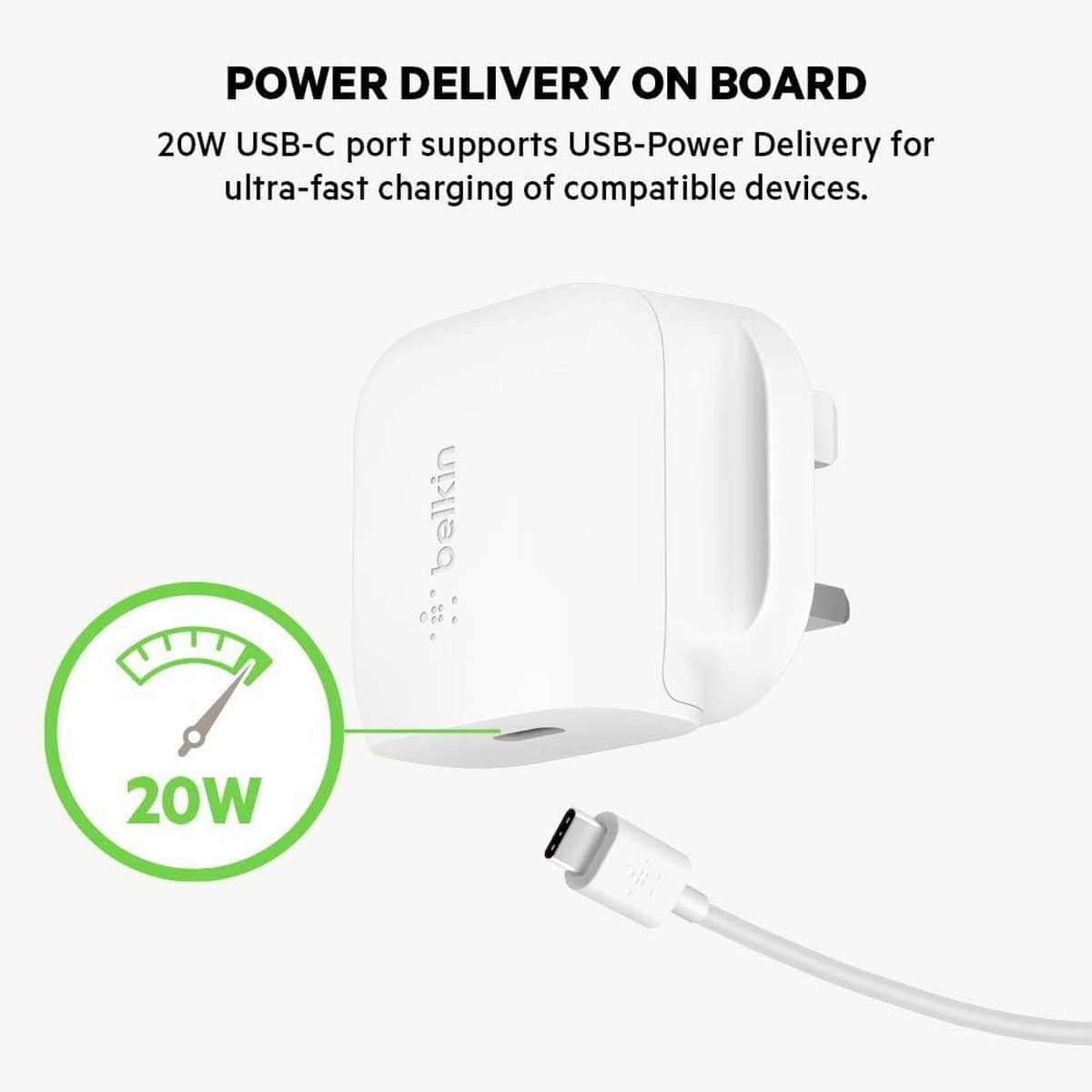 بيلكن أبيض بوست تشارجr PD 20W شاحن حائط USB-C مع طقم كابل Lightning