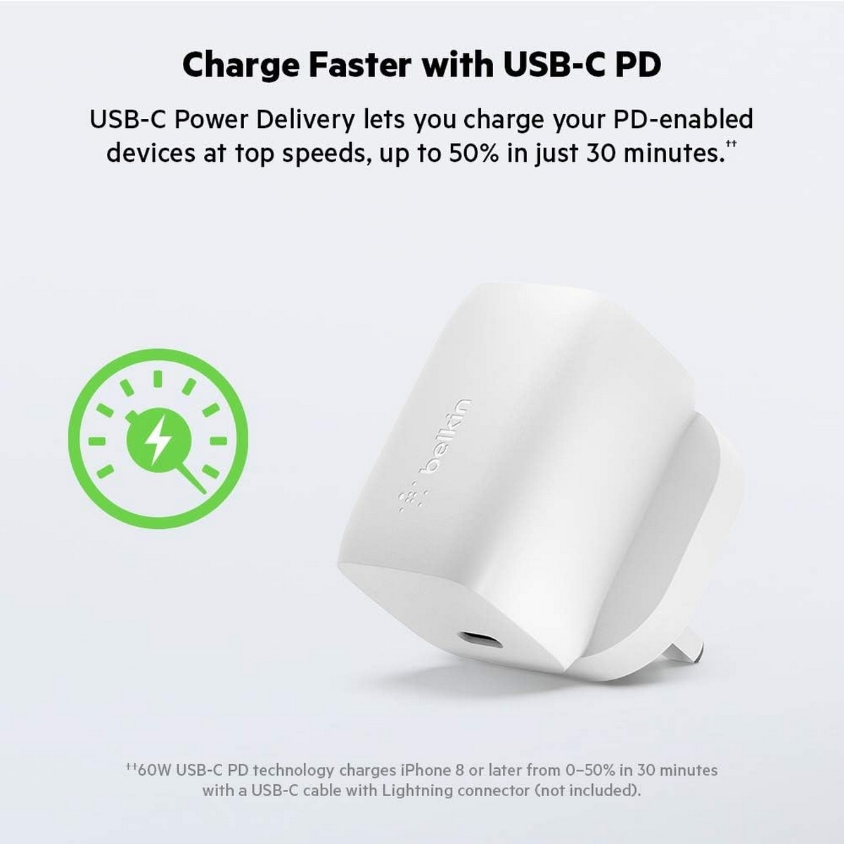 بيلكن أبيض شاحن حائط GaN USB-C بقدرة 60 واط