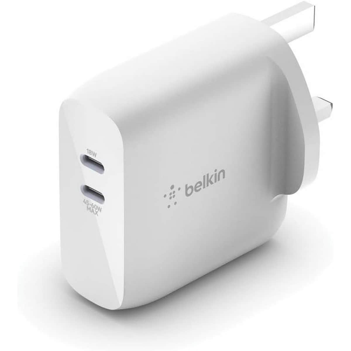 بيلكن أبيض شاحن حائط GaN بمنفذين USB-C بقدرة 63 واط