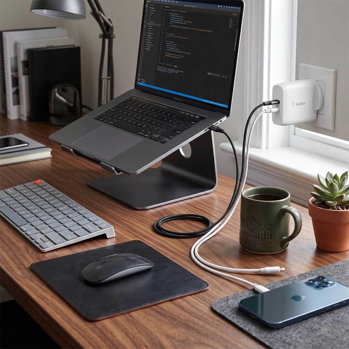 بيلكن أبيض شاحن حائط GaN بمنفذين USB-C بقدرة 63 واط