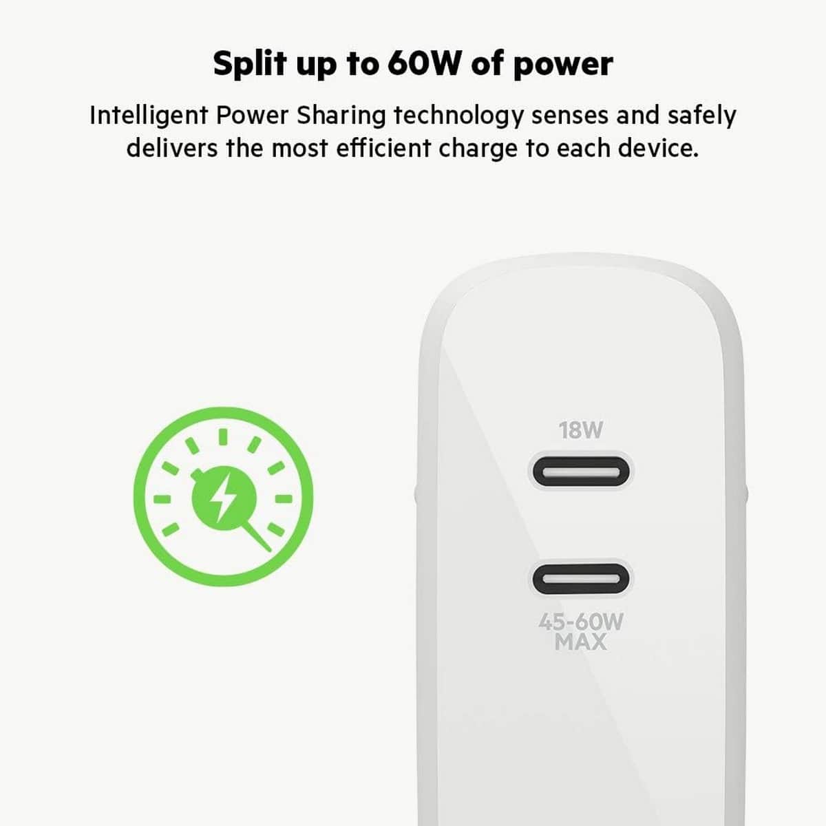 بيلكن أبيض شاحن حائط GaN بمنفذين USB-C بقدرة 63 واط