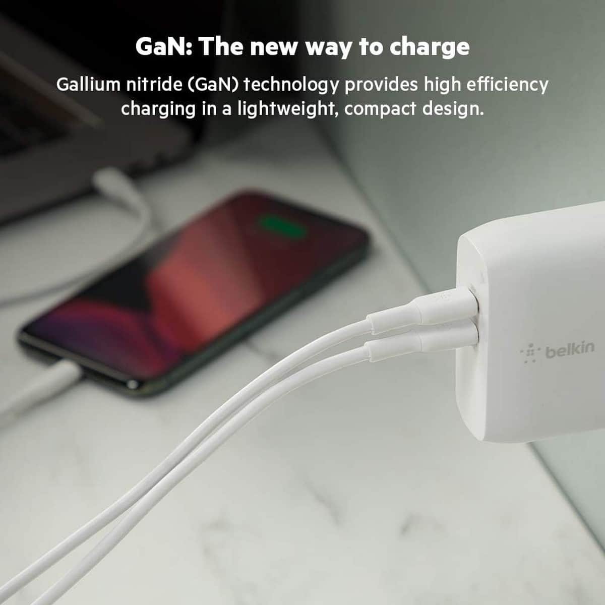 بيلكن أبيض شاحن حائط GaN بمنفذين USB-C بقدرة 63 واط