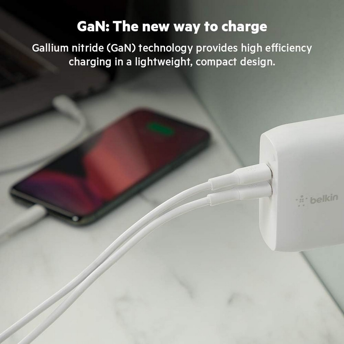 بيلكن أبيض شاحن حائط GaN بمنفذين USB-C بقدرة 63 واط