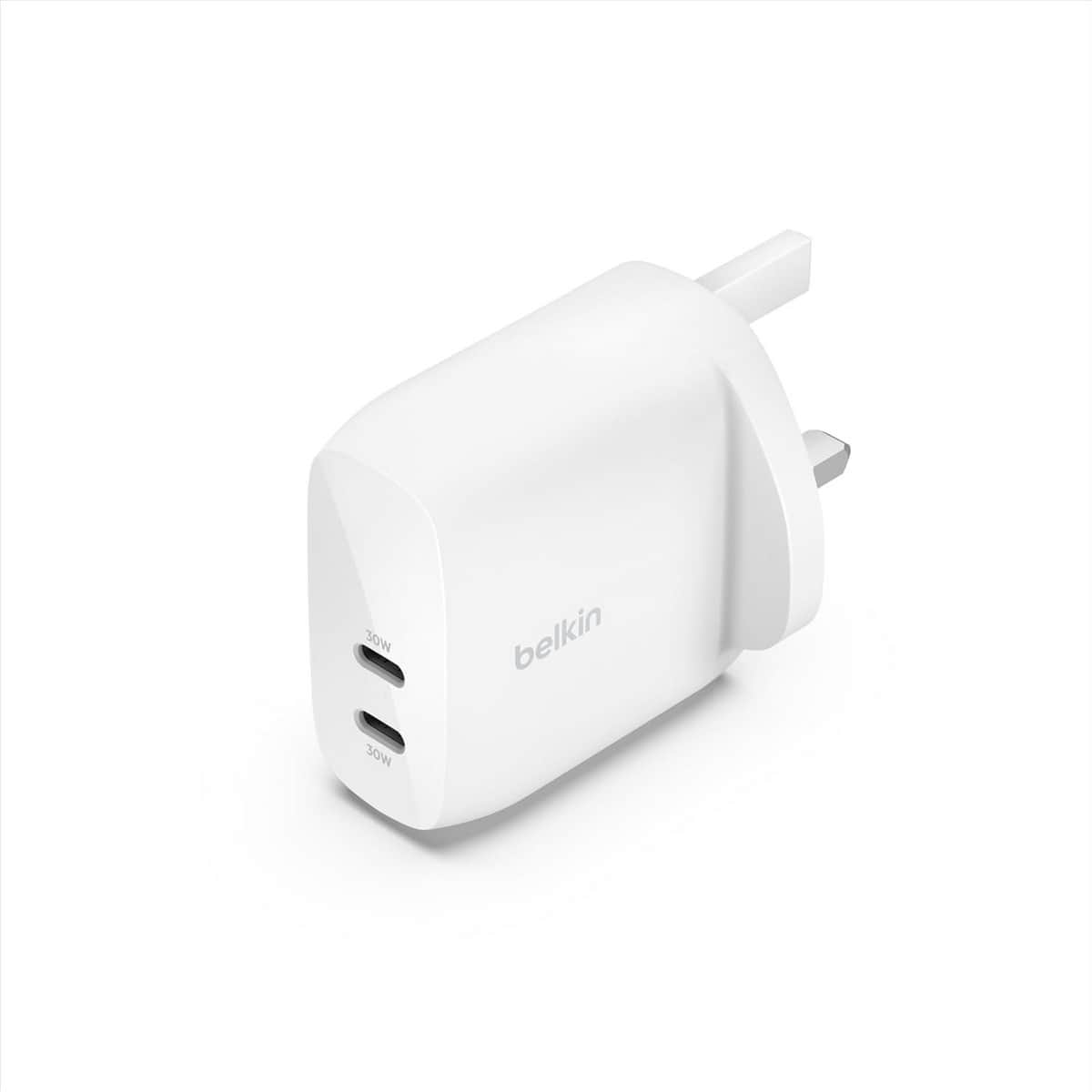 بيلكن أبيض PD 60W شاحن حائط USB-C مزدوج المنافذ