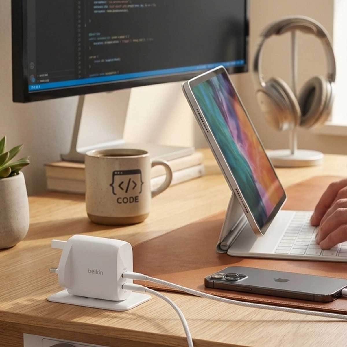 بيلكن أبيض PD 60W شاحن حائط USB-C مزدوج المنافذ