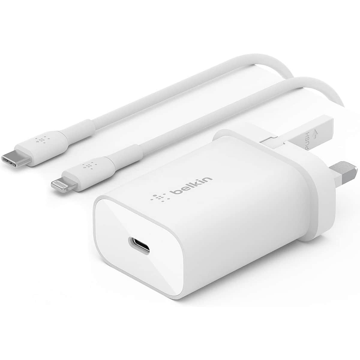 بيلكن أبيض PPS 25W شاحن حائط USB-C مع طقم كابل USB-C إلى Lightning بطول 1 متر