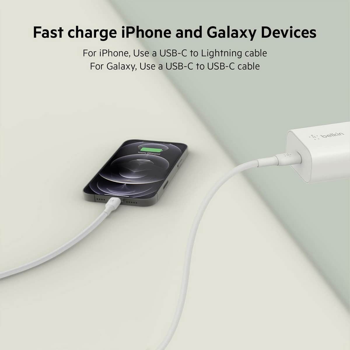 بيلكن أبيض PPS 25W شاحن حائط USB-C مع طقم كابل USB-C إلى Lightning بطول 1 متر