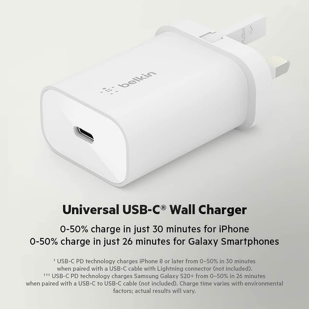 بيلكن أبيض PPS 25W شاحن حائط USB-C مع طقم كابل USB-C إلى Lightning بطول 1 متر
