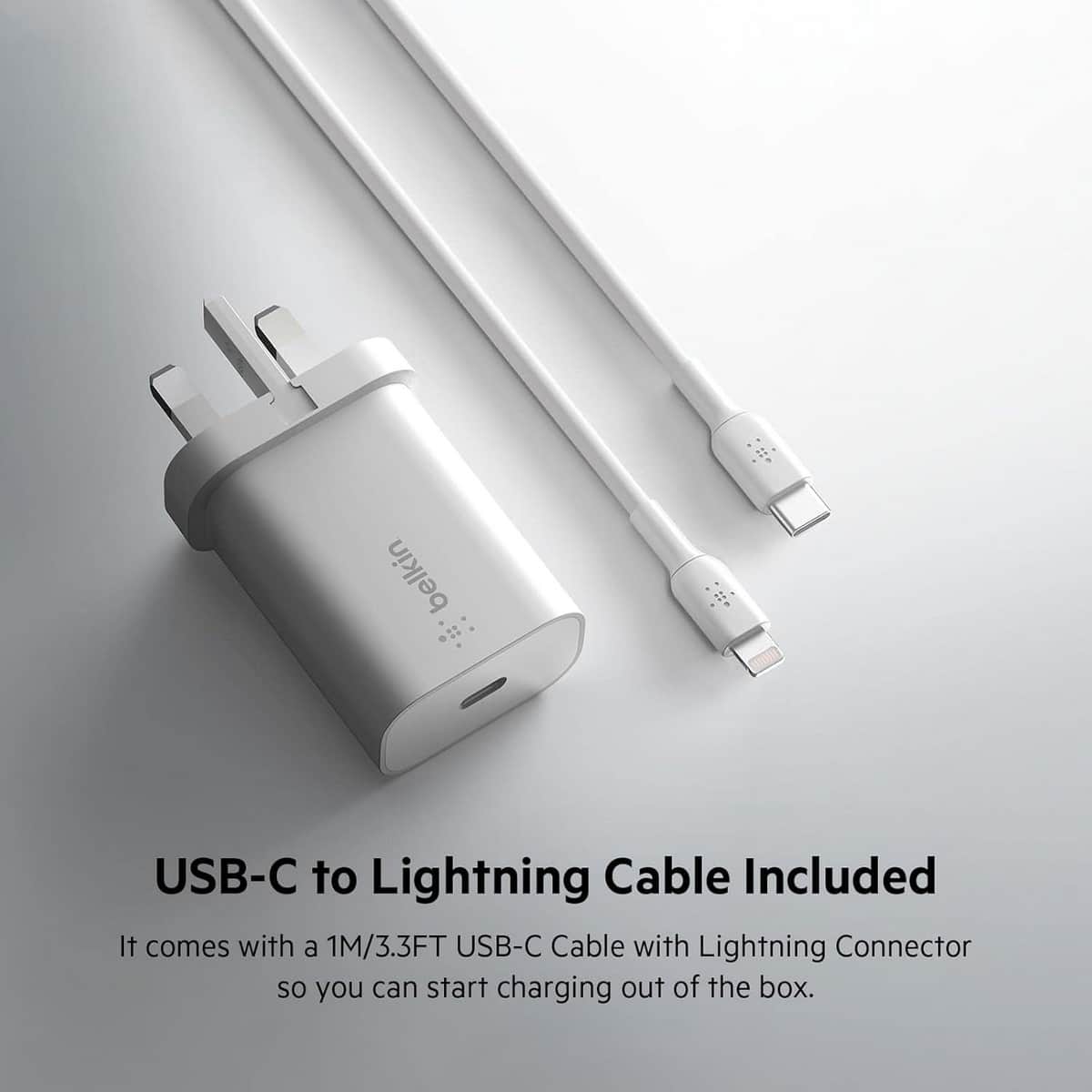 بيلكن أبيض PPS 25W شاحن حائط USB-C مع طقم كابل USB-C إلى Lightning بطول 1 متر